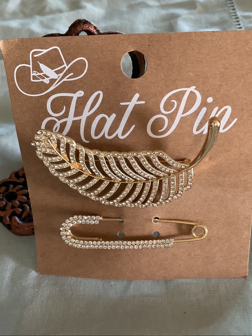 Gold Crystal Feather Hat Pin & Crystal Safety Pin - Women Accessories